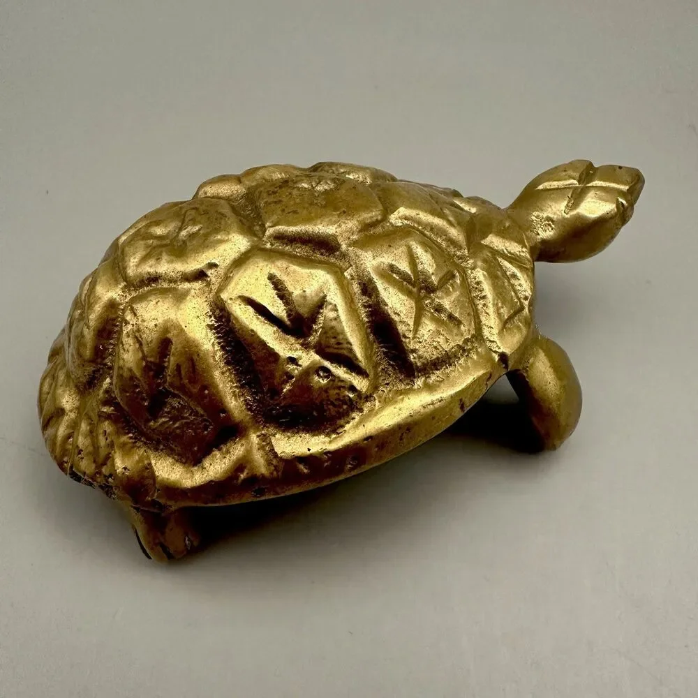 Vintage Brass Turtle Figurine Tortoise Statue MCM Boho Gold Animal Shelf Decor
